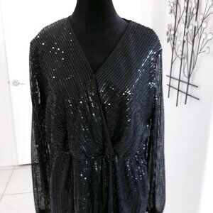 New SHEIN CURVE Sequin Black Long Sheer Sleeve Dress 1X Surplice Bodice Stretchy